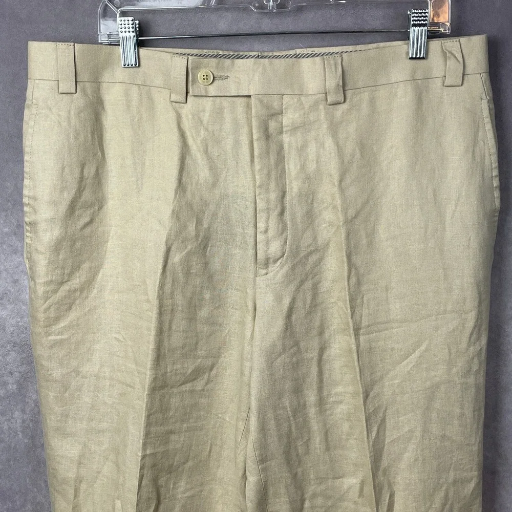 Calvin Klein‎ Pants Mens Size 36 100% Linen Beige Tan Flat Front Chino Trousers